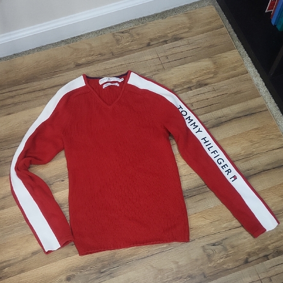 Y2K TOMMY HILFIGER Red White Spellout V-Neck Cotton Sweater - Picture 1 of 11